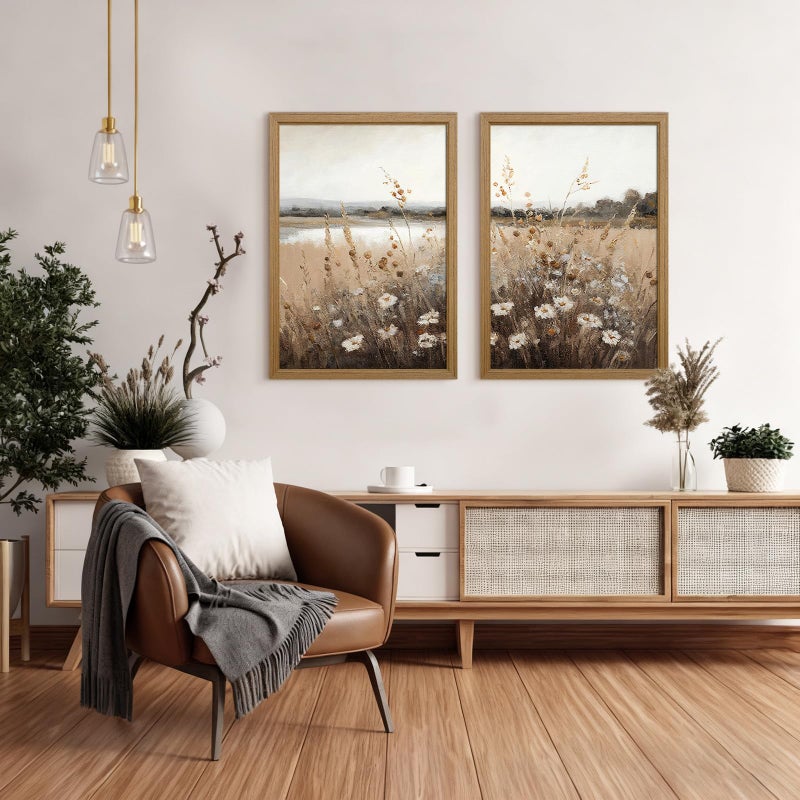 Joocrise Wildflower Botanical Wall Art Decor Set of 2 Vintage Canvas Wall Decor Landscape Field Wall Art Pictures Farmhouse Prints Landscape Painting Vintage Artwork for Room Bedroom 12x16 Inch Framed - Image 4