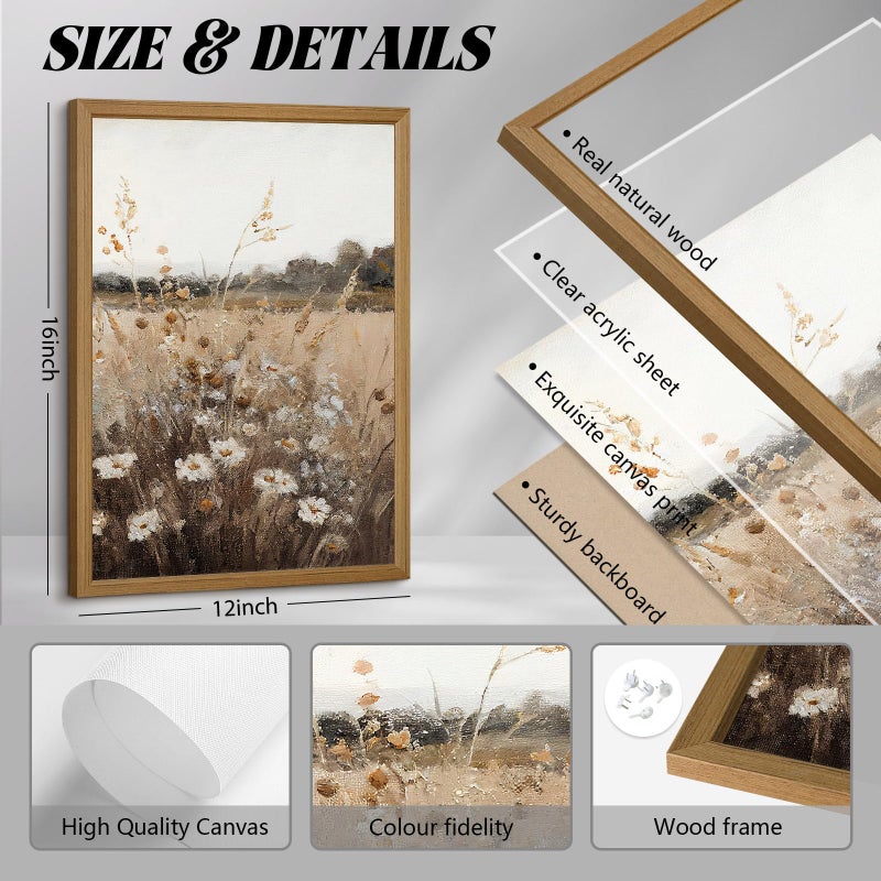 Joocrise Wildflower Botanical Wall Art Decor Set of 2 Vintage Canvas Wall Decor Landscape Field Wall Art Pictures Farmhouse Prints Landscape Painting Vintage Artwork for Room Bedroom 12x16 Inch Framed - Image 2