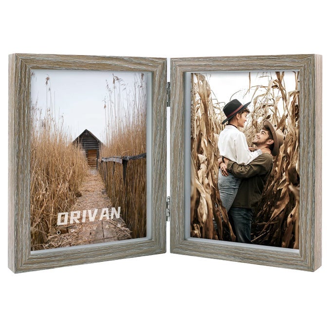 Double 5x7 Picture Frame Hinged Frame Vertical MDF Wood Photo Frames with Glass Front Gray