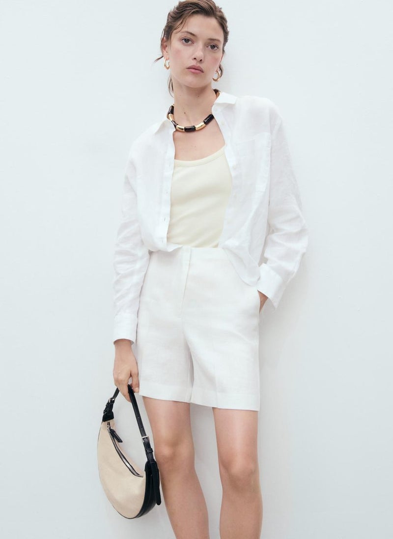 MANGO Straight Mid-Rise Linen Shorts  - Image 1