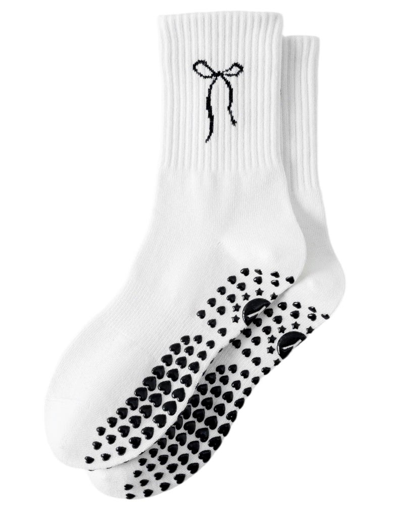 Yawlsow Pilates Grip Socks for Women Yoga Grippy Socks Cute Barre Non Skid Athletic Crew Sticky Sock Workout Hospital (US, Alpha, One Size, Regular, Regular, 1 Pack-Black-Big Bow) - Image 1
