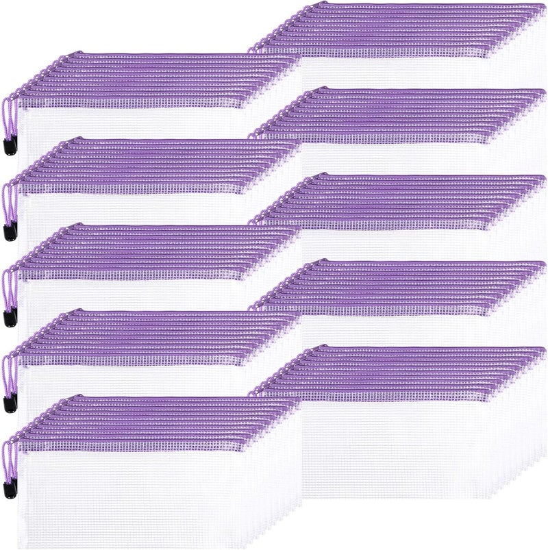 Sherr 120 Pcs Mesh Zipper Pouch Bulk Pencil Pouches 9.45'' x 4.53'' Small Clear Mesh Bags with Zipper A6 Waterproof File Bag Pencil Case for School Office Travel Organization(Purple) - Image 1
