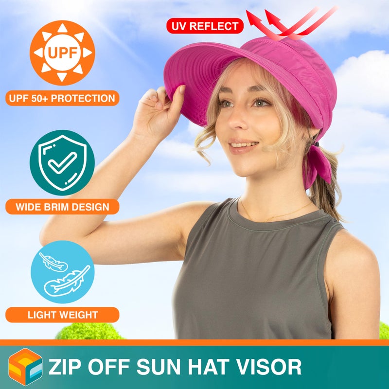 Suncube SUN CUBE Women Sun Hat for Outdoor UV Protection, Wide Brim Sun Hat Ponytail, Convertible Zip-Off Beach Hat Visor for Golf Gardening Pool Travel, Foldable Summer UPF50+ Visor Hat, Fushia Pink - Image 3
