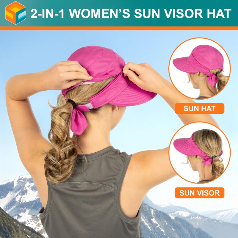Suncube SUN CUBE Women Sun Hat for Outdoor UV Protection, Wide Brim Sun Hat Ponytail, Convertible Zip-Off Beach Hat Visor for Golf Gardening Pool Travel, Foldable Summer UPF50+ Visor Hat, Fushia Pink - Image 5