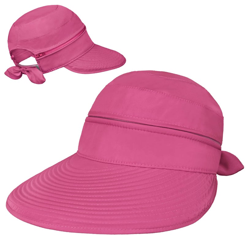 Suncube SUN CUBE Women Sun Hat for Outdoor UV Protection, Wide Brim Sun Hat Ponytail, Convertible Zip-Off Beach Hat Visor for Golf Gardening Pool Travel, Foldable Summer UPF50+ Visor Hat, Fushia Pink - Image 2
