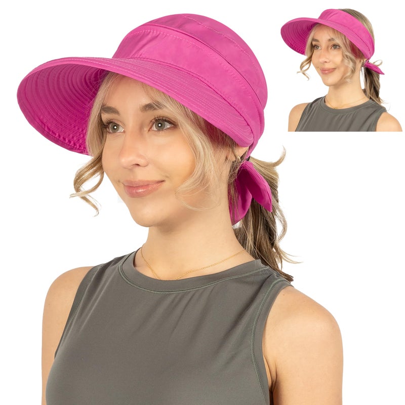 Suncube SUN CUBE Women Sun Hat for Outdoor UV Protection, Wide Brim Sun Hat Ponytail, Convertible Zip-Off Beach Hat Visor for Golf Gardening Pool Travel, Foldable Summer UPF50+ Visor Hat, Fushia Pink - Image 1