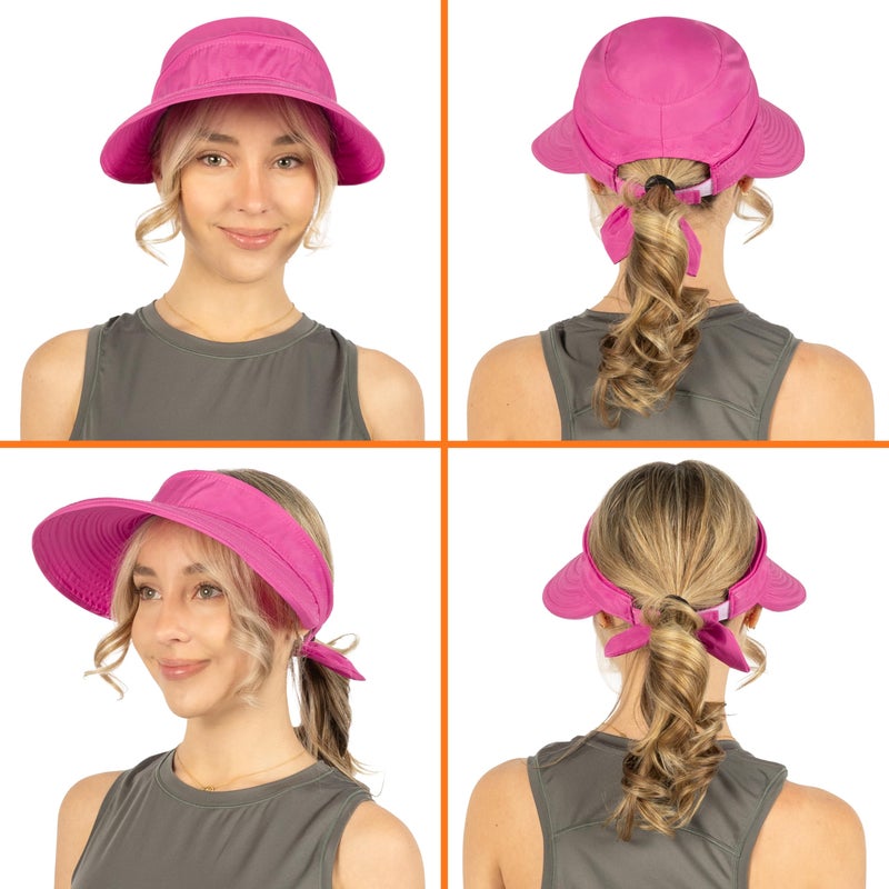 Suncube SUN CUBE Women Sun Hat for Outdoor UV Protection, Wide Brim Sun Hat Ponytail, Convertible Zip-Off Beach Hat Visor for Golf Gardening Pool Travel, Foldable Summer UPF50+ Visor Hat, Fushia Pink - Image 4