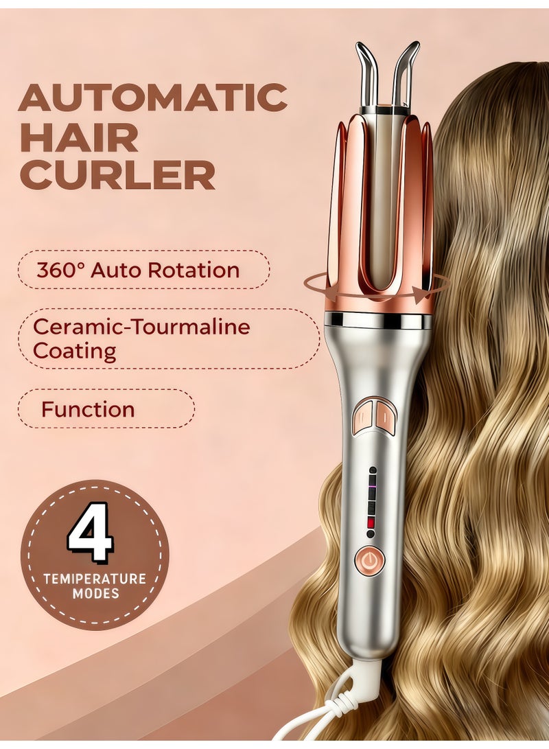 شو وو مكواة تجعيد أوتوماتيكية، عصا تجعيد دوارة، مكواة تجعيد شعر احترافية بدون مشبك، مقاس الأسطوانة 32 مم، درجة حرارة قابلة للتعديل، 4 تروس تسخين سريع، دوران في اتجاهين، مضاد للحروق، مضاد للتشابك، سلك دوار 360 درجة بطول 1.4 متر (فضي + بني فاتح) - Image 1