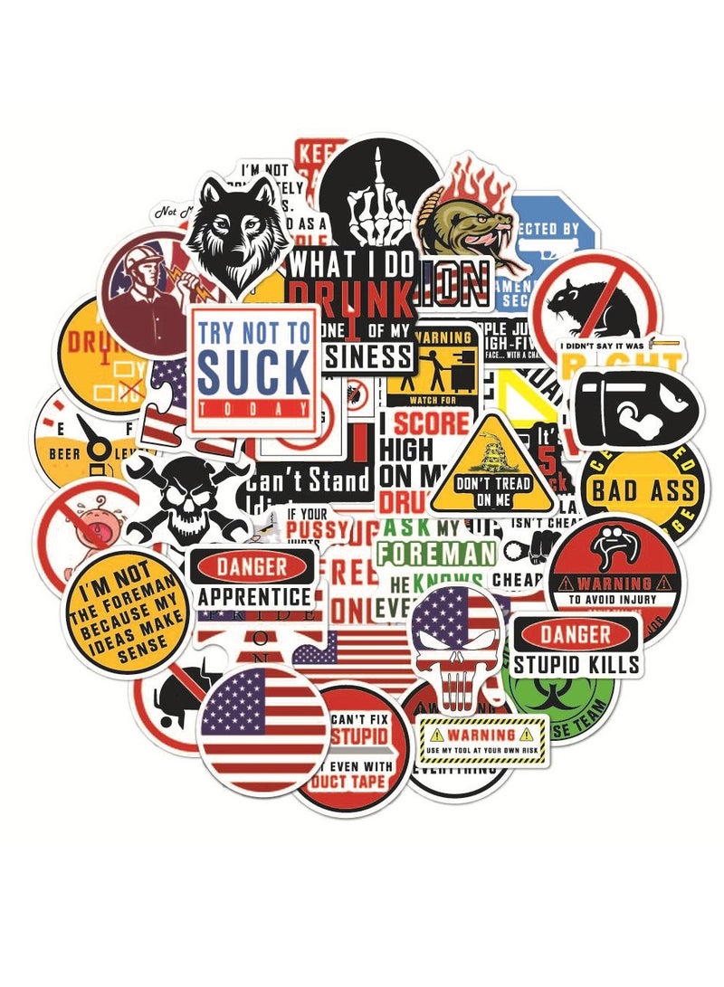 DTBG Two Sets in Total 100 Pcs Graffiti Waterproof Warning Slogan Hard Hat Stickers, Luggage Trolley Box Scooter Laptop Waterproof Stickers - Image 1