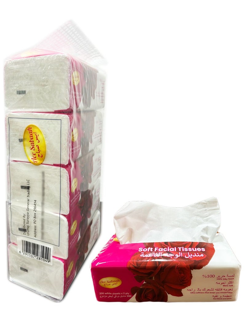 Ace Sabaah Ace Sabaah Soft Facial Tissues 200 White Sheets X 2 ply, Pack of 5 - Image 1