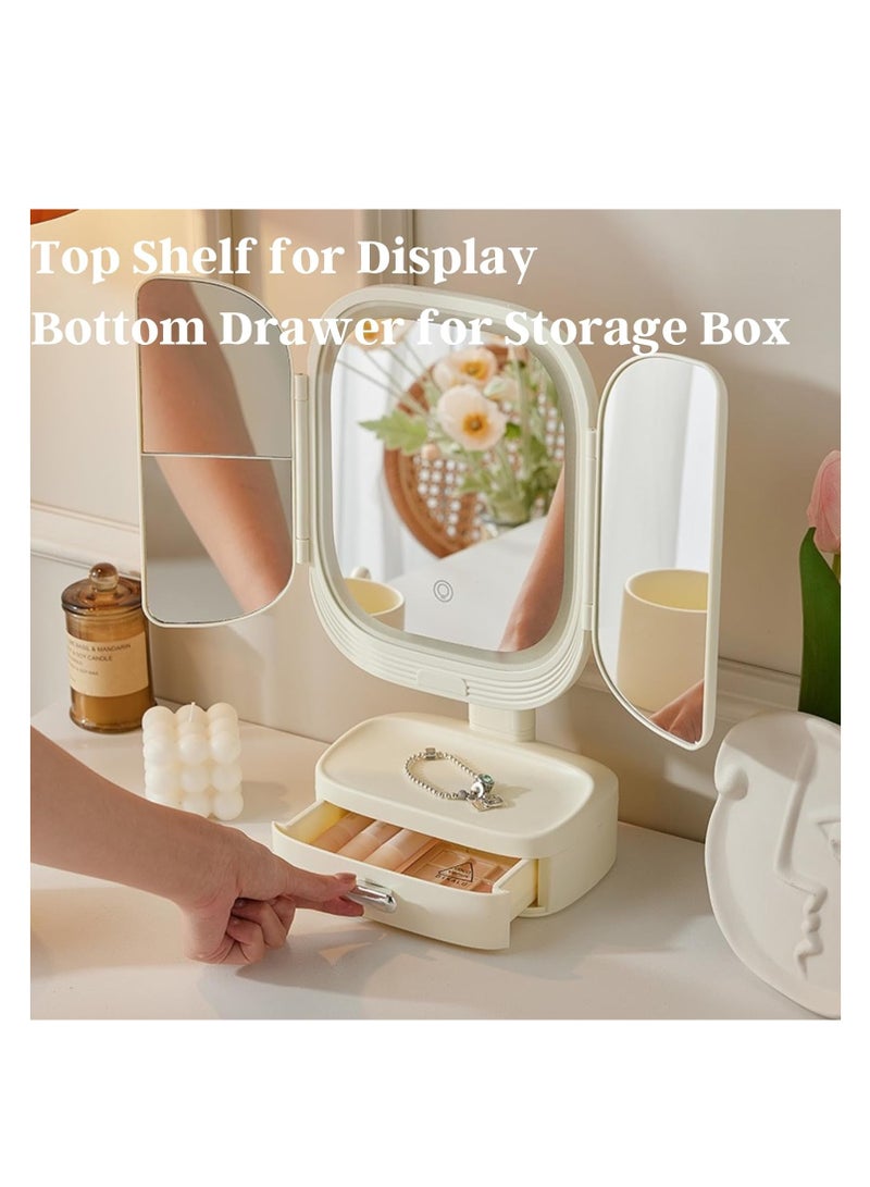 SOLARAE Folding Lighted Makeup Mirror, Trifold Makeup Mirror Vanity Mirror, Touch Control, Rotatable Table Makeup Mirror with Storage Box, Angle Adjustable LED Vanity Mirror, for Desk, Bathroom, Bedroom - Image 2