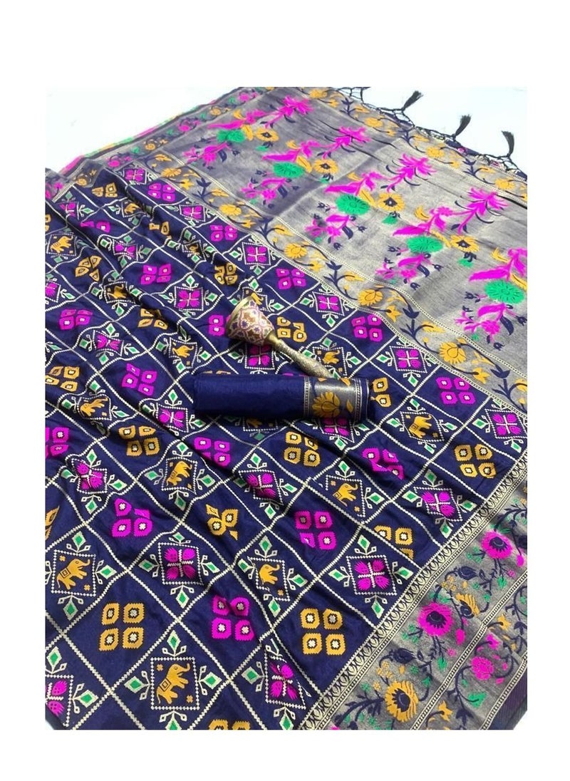 Grab Mantra - Blue Patola silk saree with double border and unstitched blouse - Image 1
