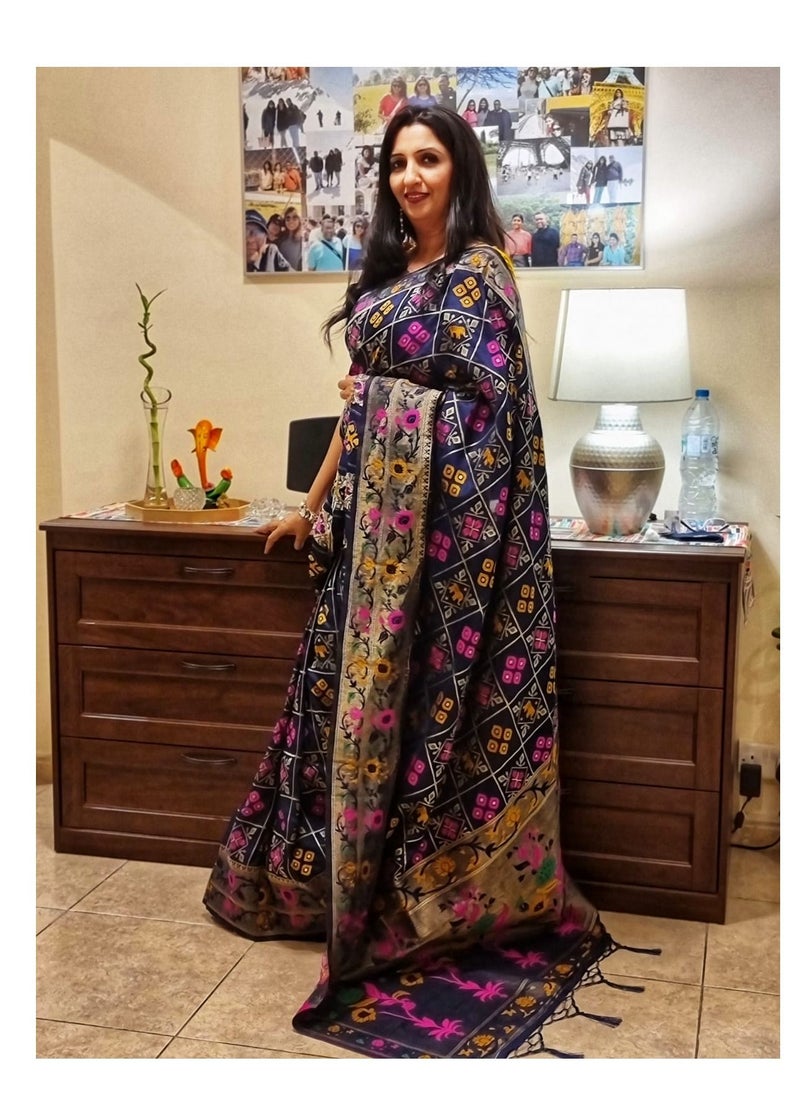 Grab Mantra - Blue Patola silk saree with double border and unstitched blouse - Image 1