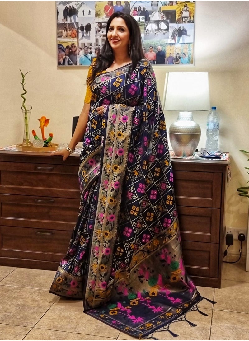Grab Mantra - Blue Patola silk saree with double border and unstitched blouse - Image 1