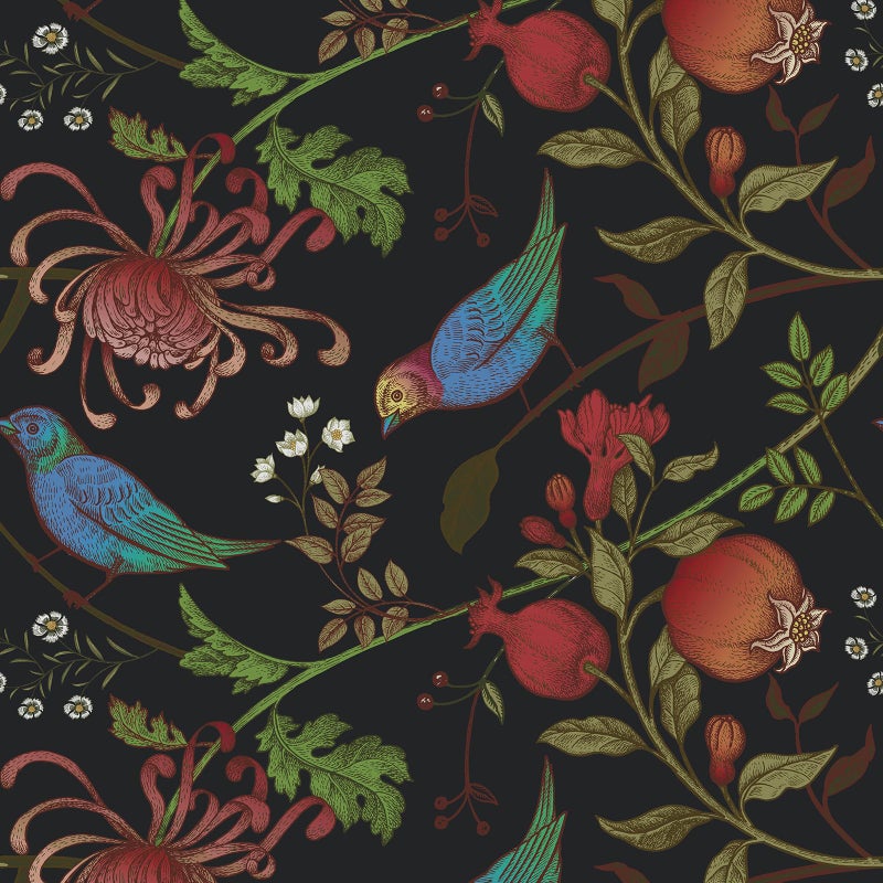 VaryPaper Vintage Bird Floral Wallpaper Peel and Stick Fruit Branch Floral Contact Paper for Cabinets Waterproof Self Adhesive Removable Black Wall Paper for Bedroom Accent Walls 177x787 - Image 2