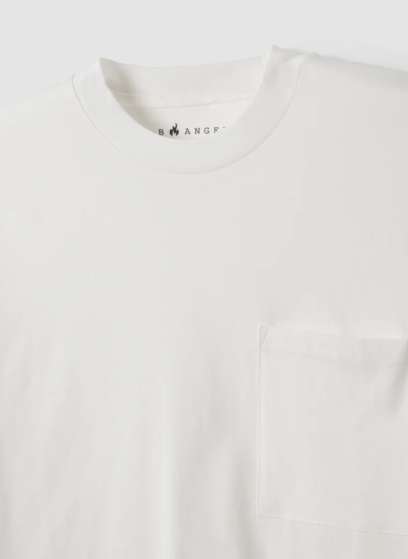 او في اس OVS White Pure Cotton Crew-Neck T-Shirt With Chest Pocket, Boxy Fit