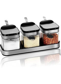 Seasoning Box with 304 Stainless Steel Lids & Spoons, Clear Glass Condiment Canisters Pots, 10 oz Condiment Jar Spice Container Set of 3 for Kitchen, Counter, Food Storage