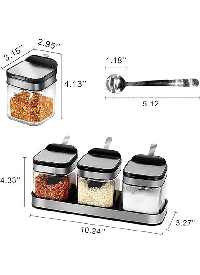 Arabest - Seasoning Box with 304 Stainless Steel Lids & Spoons, Clear Glass Condiment Canisters Pots, 10 oz Condiment Jar Spice Container Set of 3 for Kitchen, Counter, Food Storage - Image 1