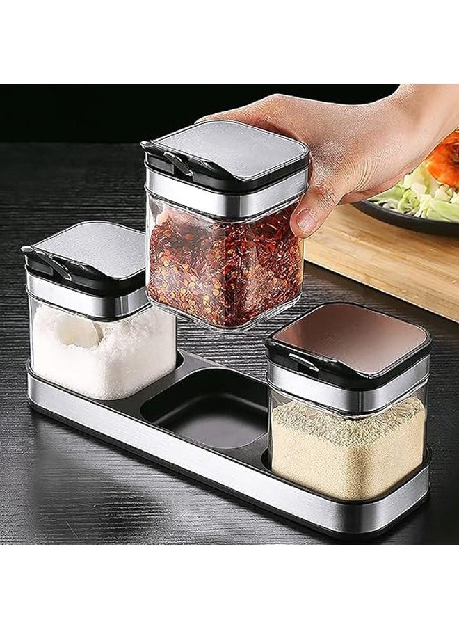 Arabest - Seasoning Box with 304 Stainless Steel Lids & Spoons, Clear Glass Condiment Canisters Pots, 10 oz Condiment Jar Spice Container Set of 3 for Kitchen, Counter, Food Storage - Image 1