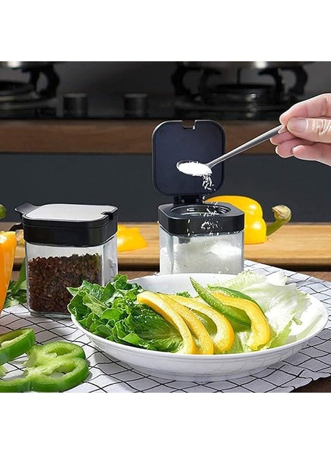 Arabest - Seasoning Box with 304 Stainless Steel Lids & Spoons, Clear Glass Condiment Canisters Pots, 10 oz Condiment Jar Spice Container Set of 3 for Kitchen, Counter, Food Storage - Image 1