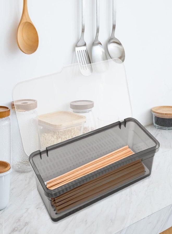 DUZFOREI صينية بلاستيكية لأدوات المائدة من دوزفوري مع غطاء، منظم أدراج لأدوات المطبخ، حاوية تخزين لأدوات المائدة الفضية على سطح الطاولة (رمادي) - Image 3