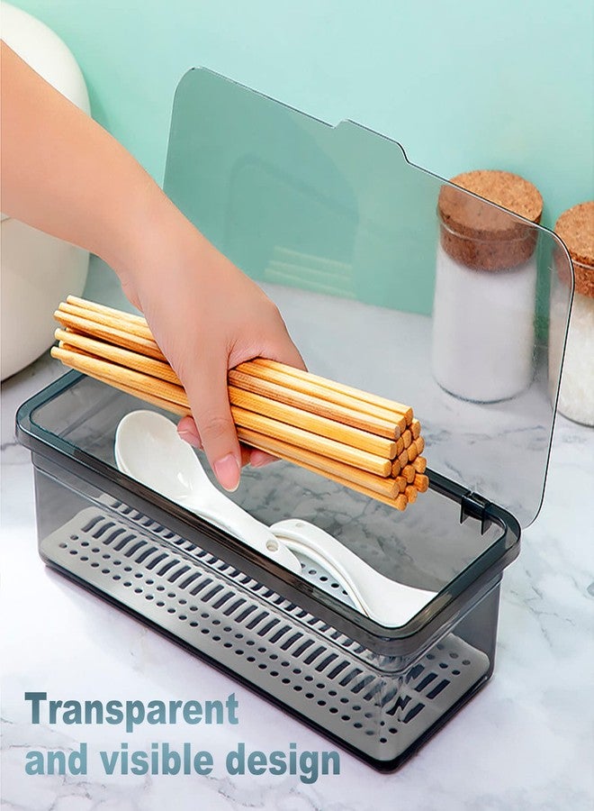 DUZFOREI صينية بلاستيكية لأدوات المائدة من دوزفوري مع غطاء، منظم أدراج لأدوات المطبخ، حاوية تخزين لأدوات المائدة الفضية على سطح الطاولة (رمادي) - Image 4