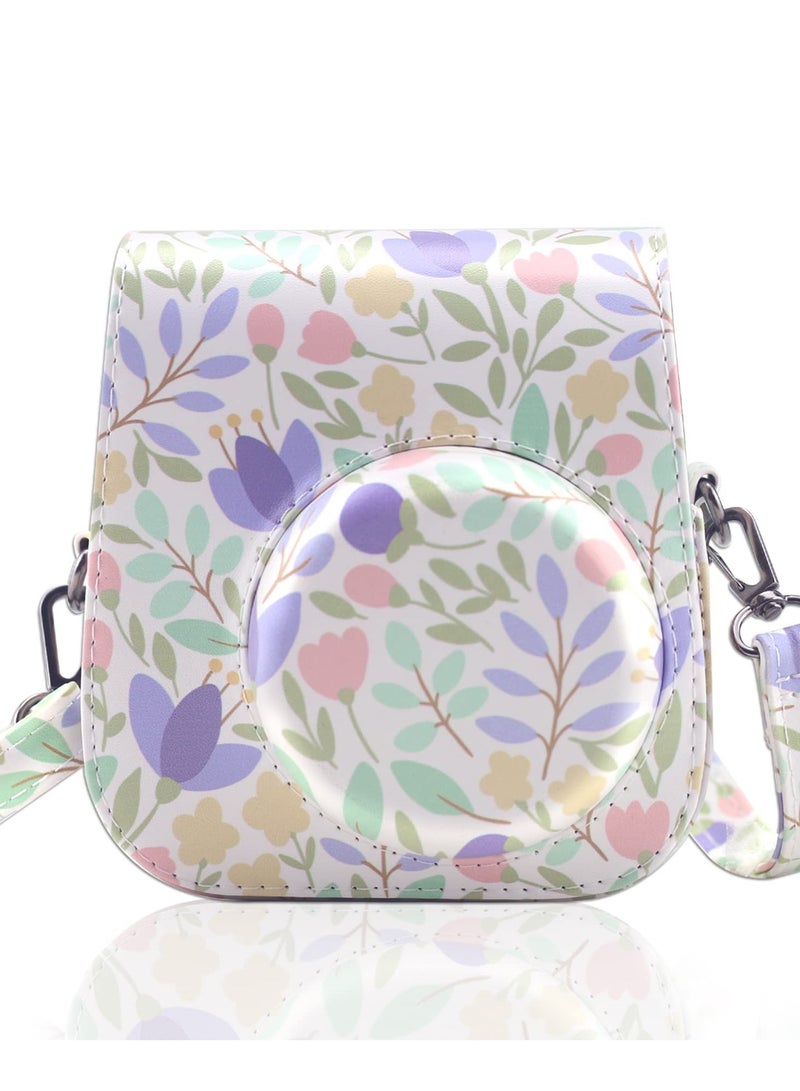 Camera Bag Compatible with Fujifilm Instax Mini 11 Instant Camera Protective Bag Vintage Floral Pu Leather Camera Organizer with Shoulder Strap Purple Floral Camera Bag - Image 1