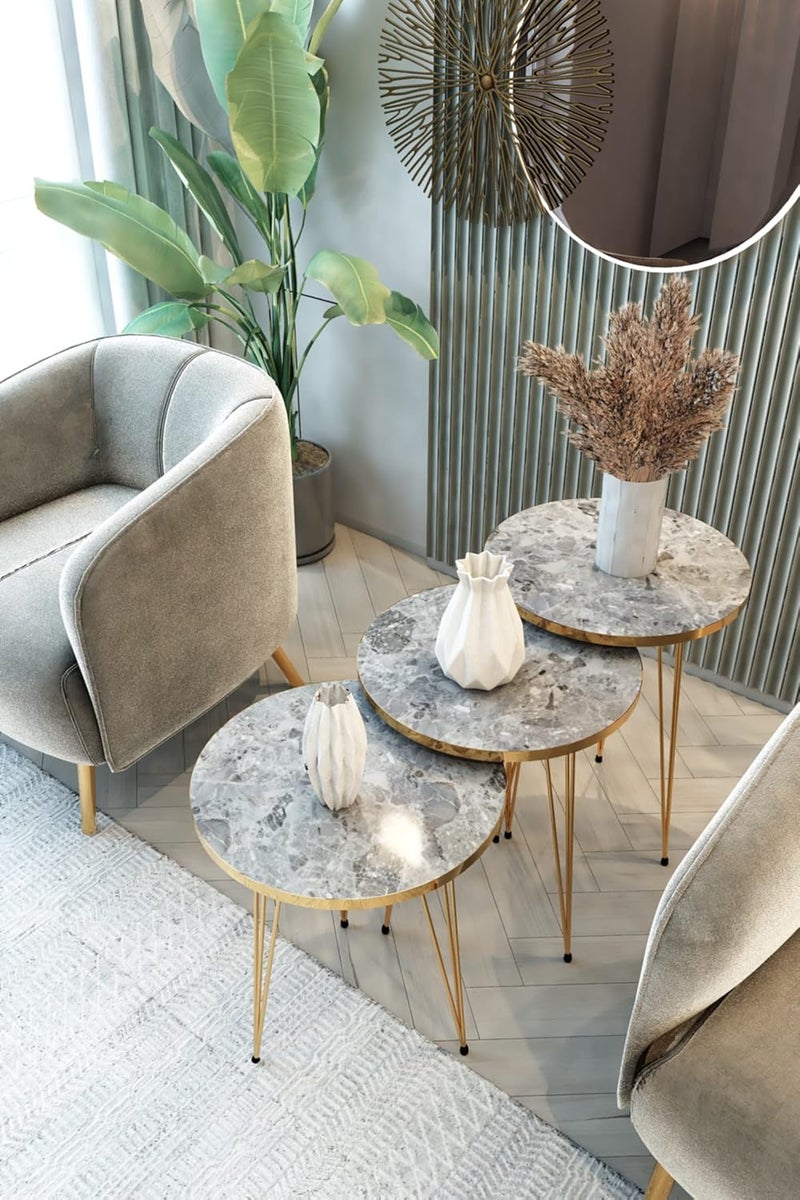 PAK HOME Set of 3 Nesting End Tables Round Wood Stacking Coffee Side Accent Sofa Table with Metal Legs for Living Room, Home Office, Nightstands for Bedroom (Grey Marble/Gold Legs) - Image 3