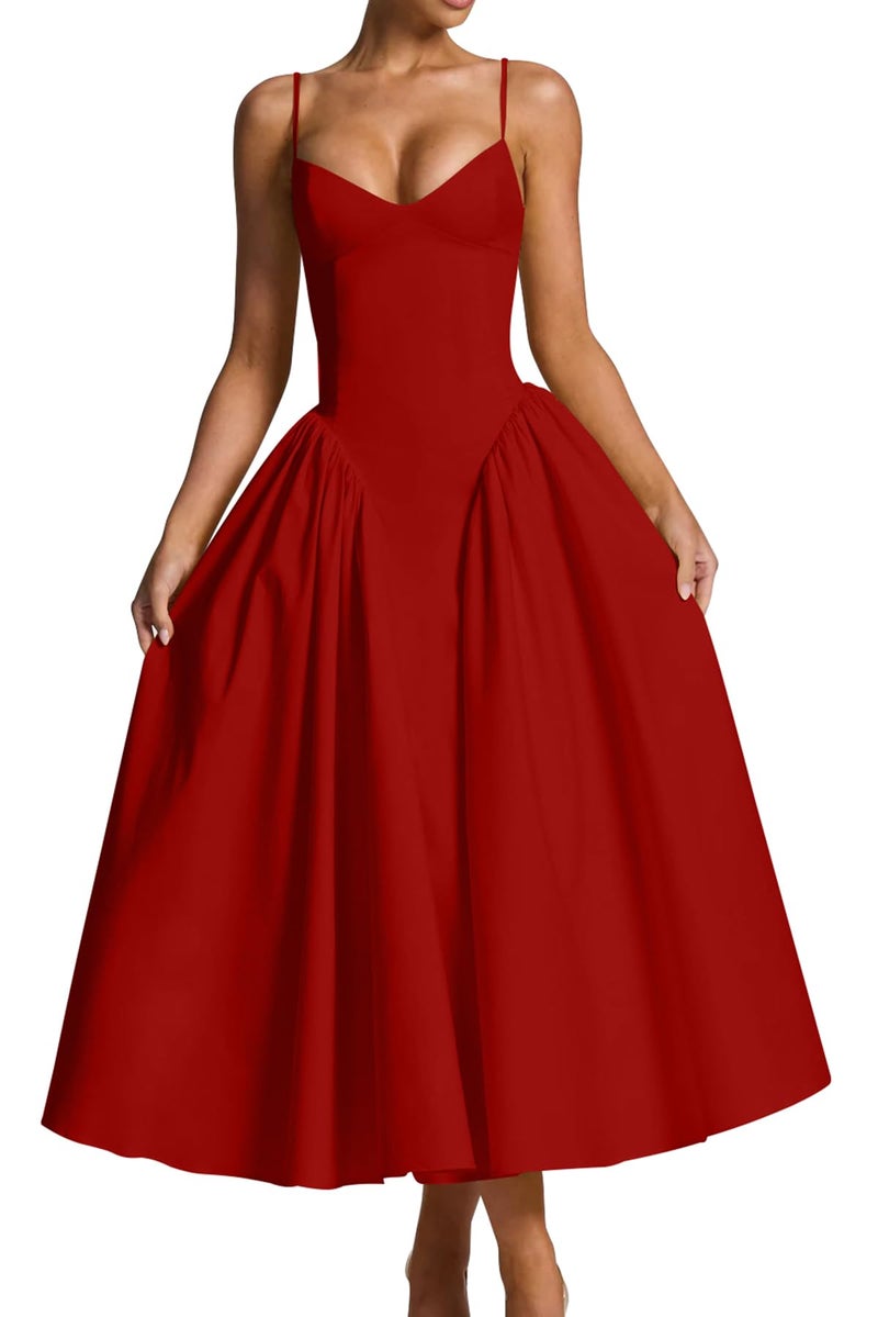 Memoriesea Women's Elegant V Neck Spaghetti Strap A Line Ruched Wedding Party Midi Dress Red - Image 1
