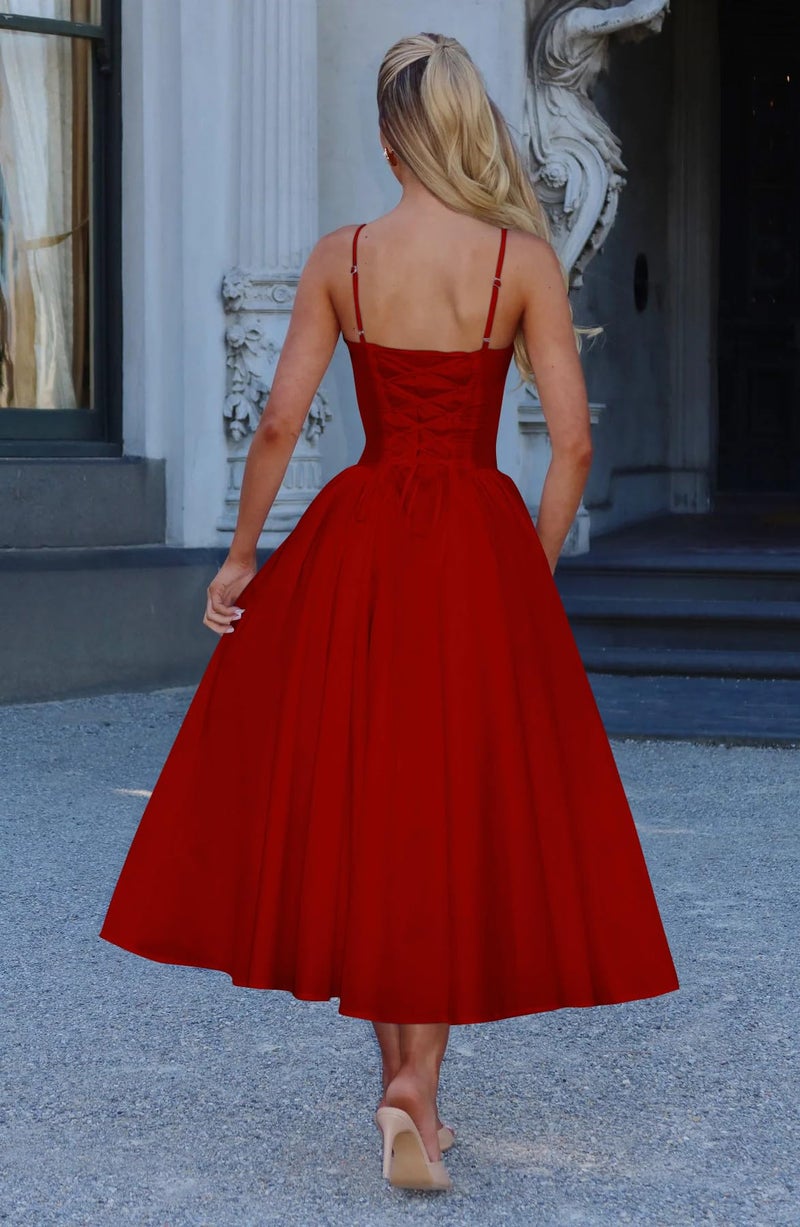 Memoriesea Women's Elegant V Neck Spaghetti Strap A Line Ruched Wedding Party Midi Dress Red - Image 5