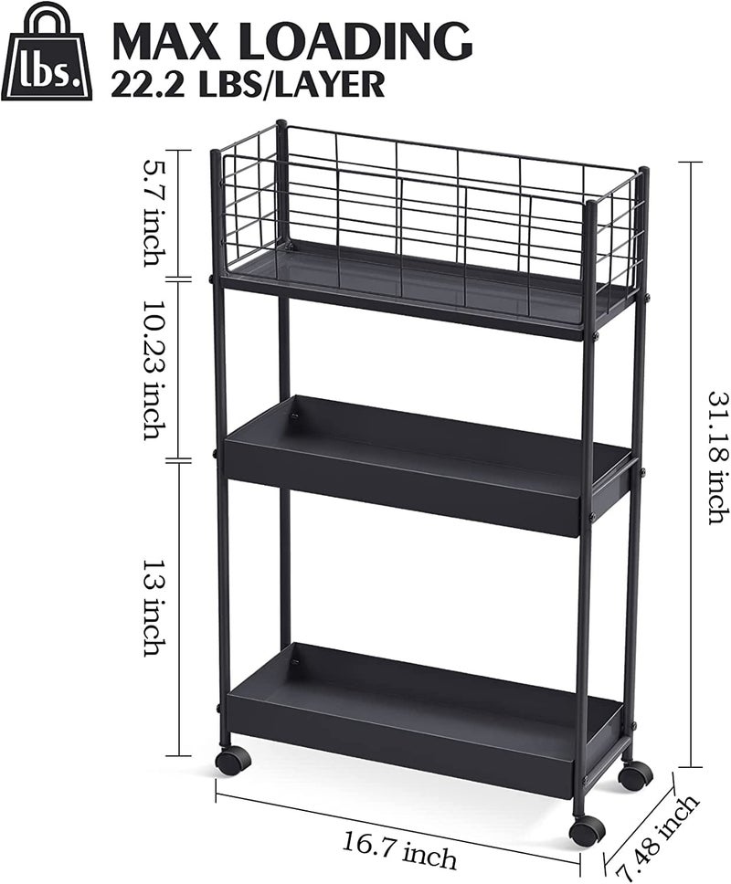 Generic Indian Decor 89117 Slim Storage Cart 3Tier Metal Rolling Utility CartSlide Out Storage CartSmall Rolling Trolley Kitchen CartBlack Cart for Bathroom Laundry Room Office  - Image 3