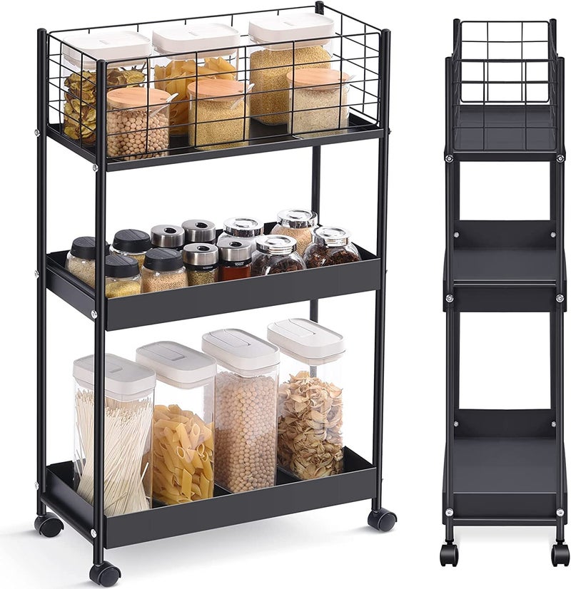 Generic Indian Decor 89117 Slim Storage Cart 3Tier Metal Rolling Utility CartSlide Out Storage CartSmall Rolling Trolley Kitchen CartBlack Cart for Bathroom Laundry Room Office  - Image 1