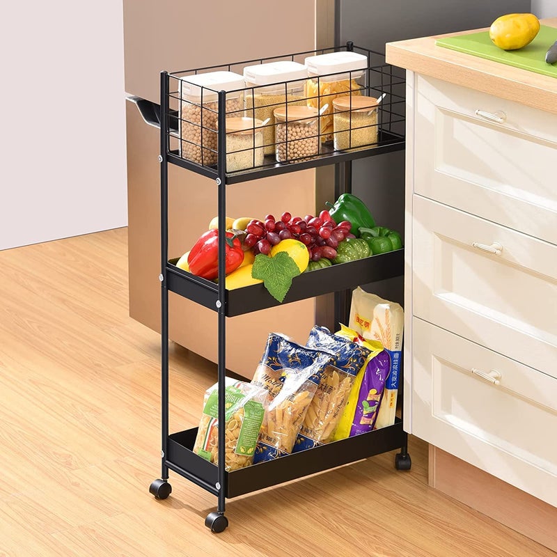 Generic Indian Decor 89117 Slim Storage Cart 3Tier Metal Rolling Utility CartSlide Out Storage CartSmall Rolling Trolley Kitchen CartBlack Cart for Bathroom Laundry Room Office  - Image 4