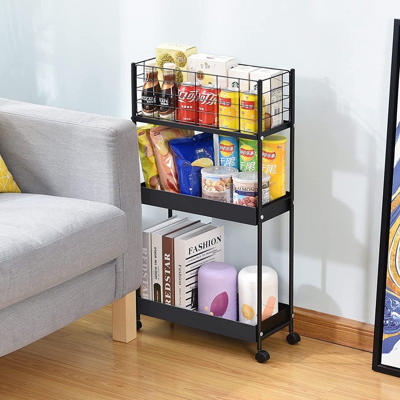Generic Indian Decor 89117 Slim Storage Cart 3Tier Metal Rolling Utility CartSlide Out Storage CartSmall Rolling Trolley Kitchen CartBlack Cart for Bathroom Laundry Room Office  - Image 5