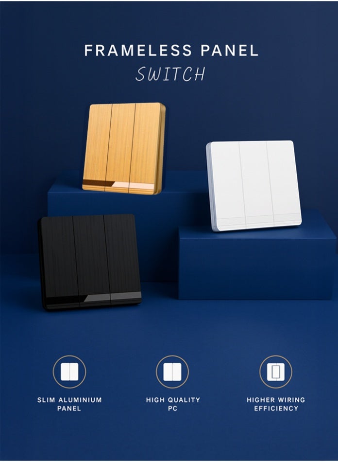 Vmax Frameless 3 Gang 2 Way Wall Switch  3x3 Inch Modern Triple Control Durable PC + Aluminum Sleek Design for Home, Office & Hotels (WHITE, CHAMPAGNE GOLD, BLACK) - Image 1