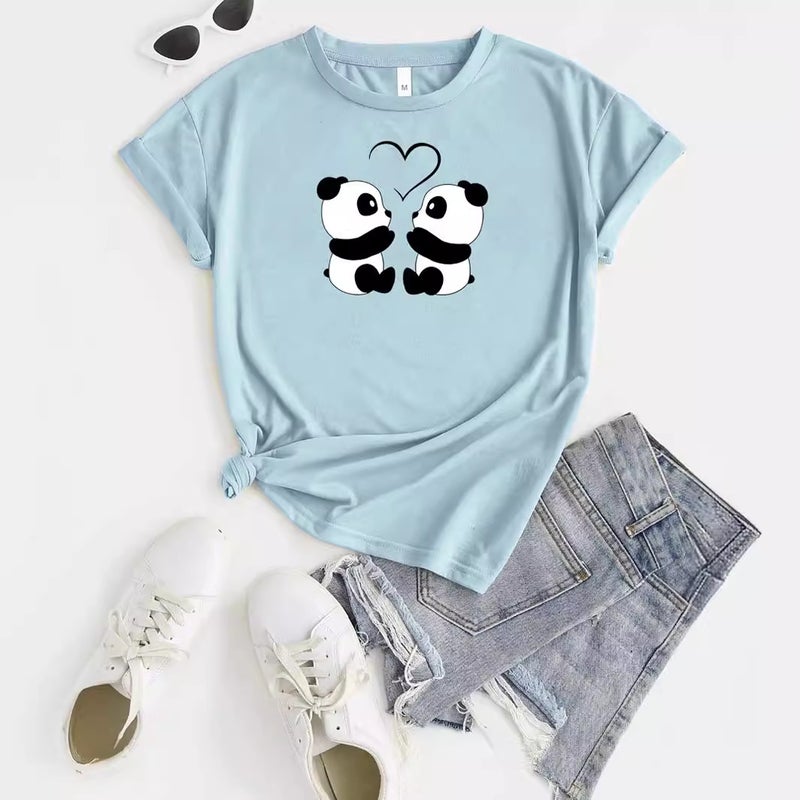 Foreign trade Independent Station Women's top Round Neck Cartoon Panda Print Short-sleeved t-shirt - Image 5