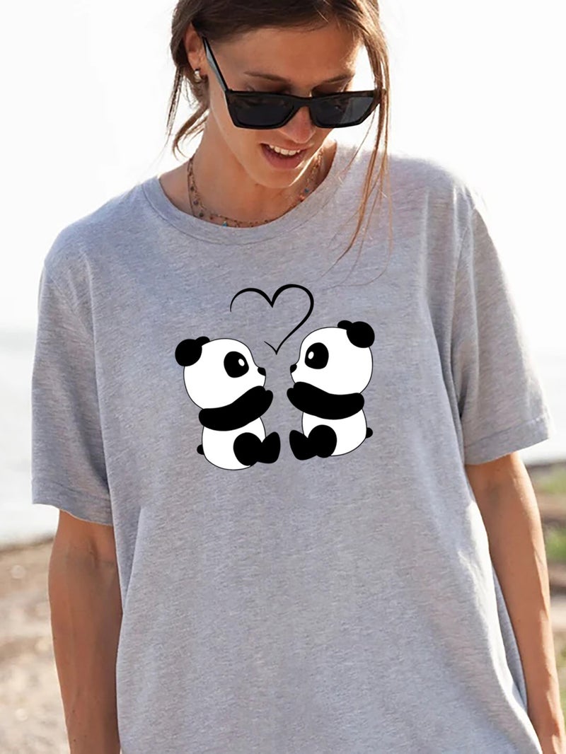 Foreign trade Independent Station Women's top Round Neck Cartoon Panda Print Short-sleeved t-shirt - Image 1