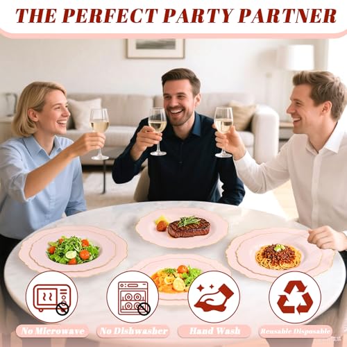 WDF 100pcs Pink Plastic Plates - High-end Baroque Design - Pink and Gold Plates for Upscale Party & Baby Shower - Including 50 Disposable Plate 10.25inch, 50Salad Plate 7.5inch - Image 4