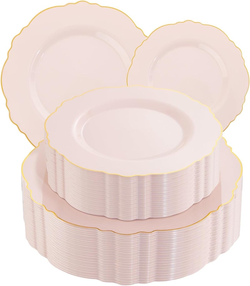 WDF 100pcs Pink Plastic Plates - High-end Baroque Design - Pink and Gold Plates for Upscale Party & Baby Shower - Including 50 Disposable Plate 10.25inch, 50Salad Plate 7.5inch - Image 1