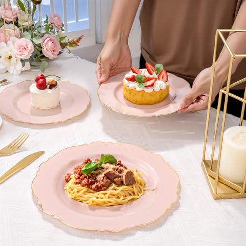 WDF 100pcs Pink Plastic Plates - High-end Baroque Design - Pink and Gold Plates for Upscale Party & Baby Shower - Including 50 Disposable Plate 10.25inch, 50Salad Plate 7.5inch - Image 3