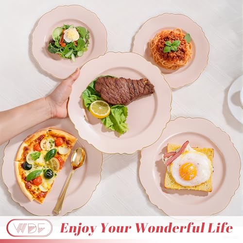 WDF 100pcs Pink Plastic Plates - High-end Baroque Design - Pink and Gold Plates for Upscale Party & Baby Shower - Including 50 Disposable Plate 10.25inch, 50Salad Plate 7.5inch - Image 5