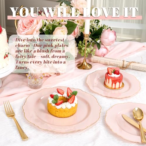 WDF 100pcs Pink Plastic Plates - High-end Baroque Design - Pink and Gold Plates for Upscale Party & Baby Shower - Including 50 Disposable Plate 10.25inch, 50Salad Plate 7.5inch - Image 2