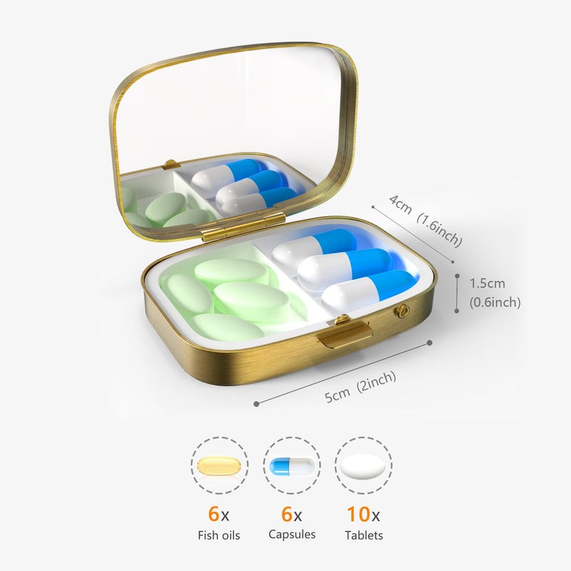 VANCANYOHO Small Pill Box Pill Case with Mirror Retro Pocket 2 Compartment Pill Holder for Purse or Pocket Bronze Portable Medicine Vitamin Container Fish Oil and Supplement Storage BPA-Free(Bees) - Image 3