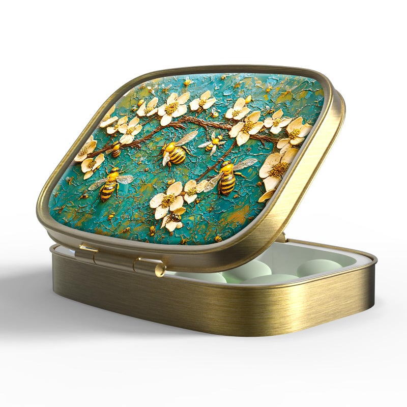 VANCANYOHO Small Pill Box Pill Case with Mirror Retro Pocket 2 Compartment Pill Holder for Purse or Pocket Bronze Portable Medicine Vitamin Container Fish Oil and Supplement Storage BPA-Free(Bees) - Image 1