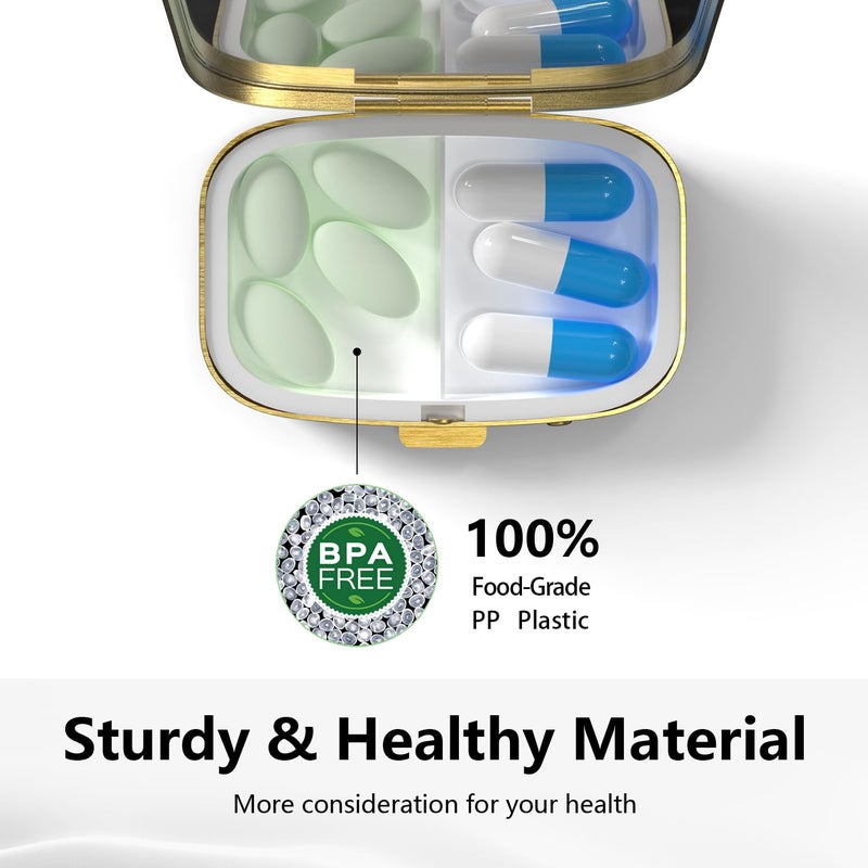 VANCANYOHO Small Pill Box Pill Case with Mirror Retro Pocket 2 Compartment Pill Holder for Purse or Pocket Bronze Portable Medicine Vitamin Container Fish Oil and Supplement Storage BPA-Free(Bees) - Image 5