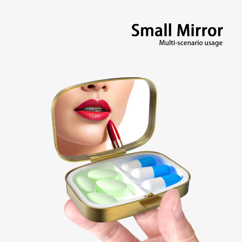VANCANYOHO Small Pill Box Pill Case with Mirror Retro Pocket 2 Compartment Pill Holder for Purse or Pocket Bronze Portable Medicine Vitamin Container Fish Oil and Supplement Storage BPA-Free(Bees) - Image 2