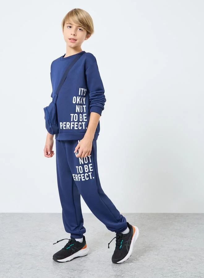 Styli Styli Slogan Print Sweatshirt and Joggers Set with Sling Bag