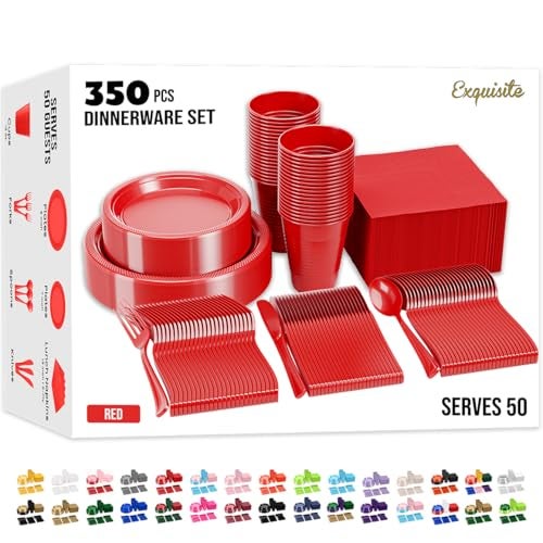 Exquisite 350 Pcs Red Plastic Plates For Party, Red Disposable Plates Set, 50 Of Each 9" Dinner Plate Set, 7" Dessert Plate, Cups, Napkins & Cutlery Plastic Dinnerware Set Exquisite - Image 1