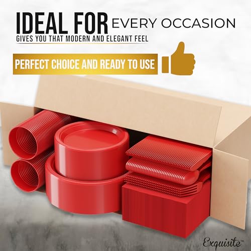 Exquisite 350 Pcs Red Plastic Plates For Party, Red Disposable Plates Set, 50 Of Each 9" Dinner Plate Set, 7" Dessert Plate, Cups, Napkins & Cutlery Plastic Dinnerware Set Exquisite - Image 3