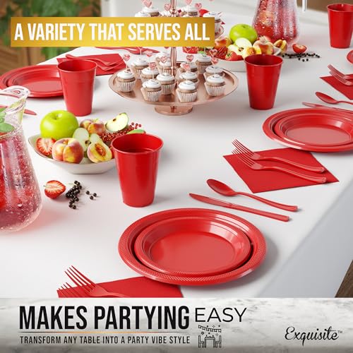 Exquisite 350 Pcs Red Plastic Plates For Party, Red Disposable Plates Set, 50 Of Each 9" Dinner Plate Set, 7" Dessert Plate, Cups, Napkins & Cutlery Plastic Dinnerware Set Exquisite - Image 4